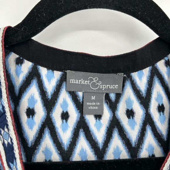 MARKET & SPRUCE Blue Red Diamond Embroidered Cold Shoulder Boho Blouse Medium - Picture 6 of 7